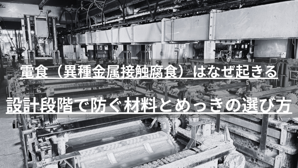 アルミとステンレスの接触腐食はなぜ起きる？電食（異種金属接触腐食）の発生条件、イオン化傾向による腐食リスク、設計段階でできる材料選定・絶縁・めっきによる予防策を、日本バレル工業が解説します。